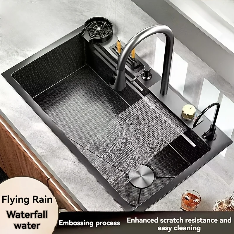 Fregadero de cocina de acero inoxidable negro, diseño de cascada de 29,5x17,7 pulgadas, lavabo de baño moderno para el hogar de gran capacidad