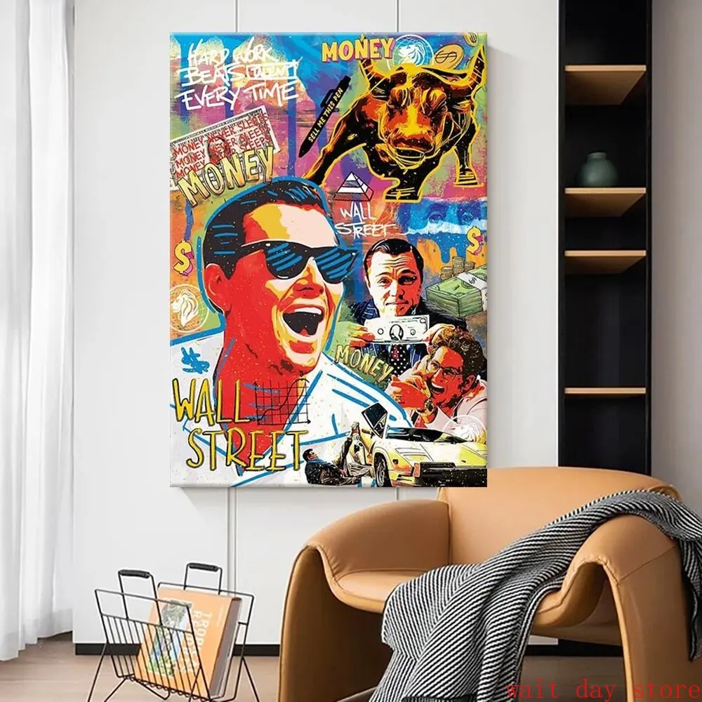 Graffiti The Wolf of Wall Street Movie Poster Leonardo DiCaprio Charging Bull Money Motivational Canvas Painting Wall Home Decor