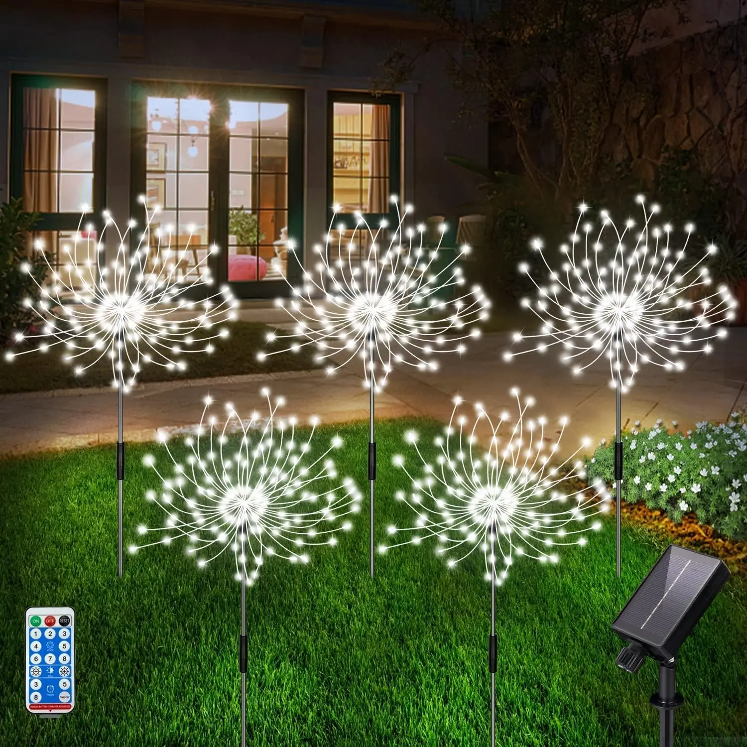 5 Pack 120 LED Waterproof Solar Firework Lights are 8 Modes Decorative Sparkles Stake Landscape Outdoor Light