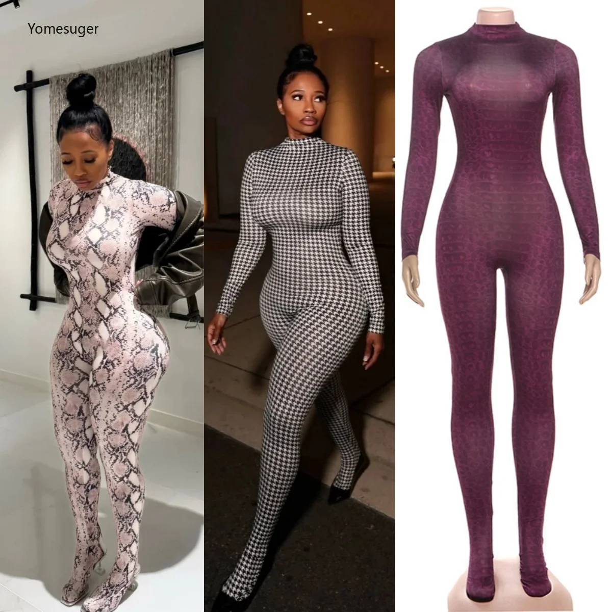 

Yomesugar Printed Foot Jumpsuits for Women Party Clubwear Fashion Stand Collar Full Sleeve Stretch Skinny Rompers Y2k Streetwear