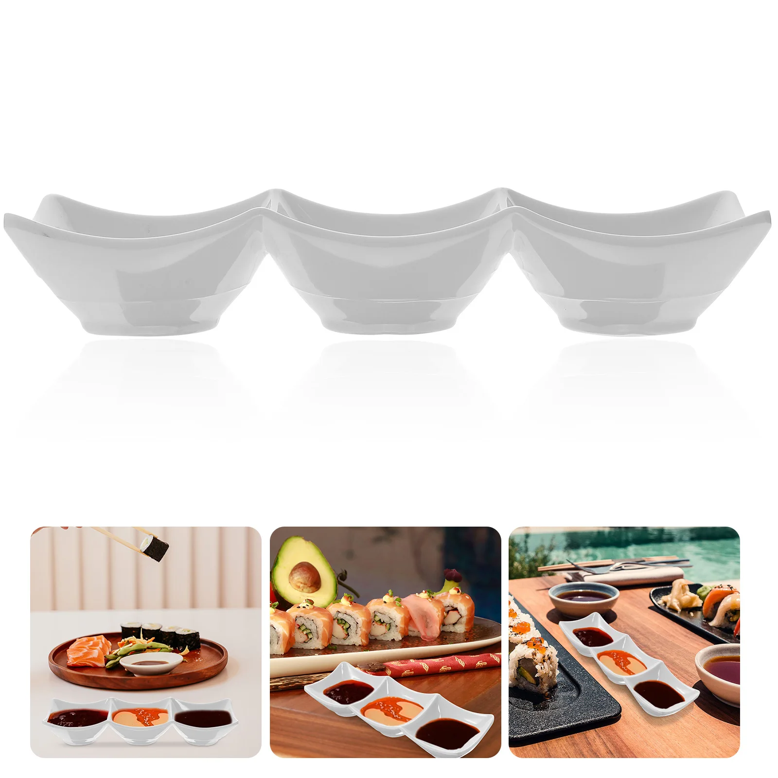 

3 Compartment Dipping Dish Snack Sauce Bowl Household Seasoning Plates White Melamine Travel 7531 Dining Table Practical