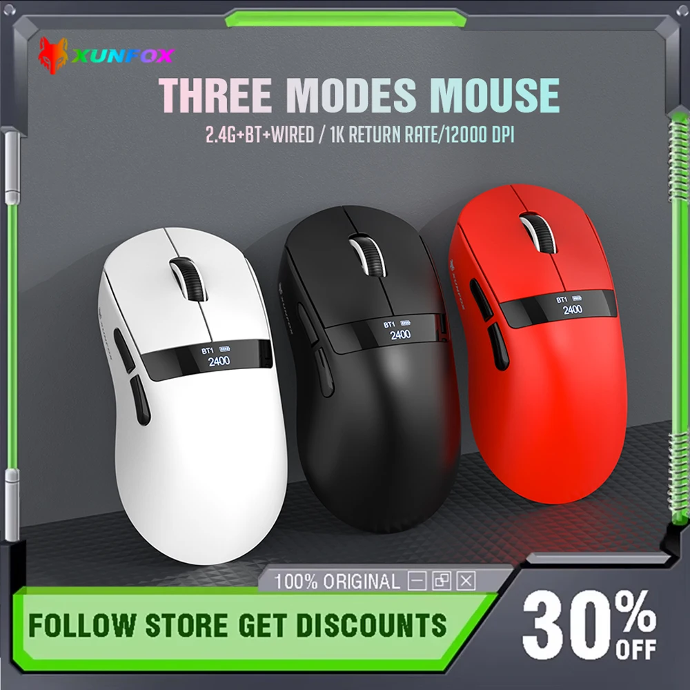 

XUNSVFOX H9 Беспроводная мышь с тремя режимами PAW3311 Датчик 12000 точек на дюйм 63 г Легкий умный экран Мышь для киберспорта и геймера