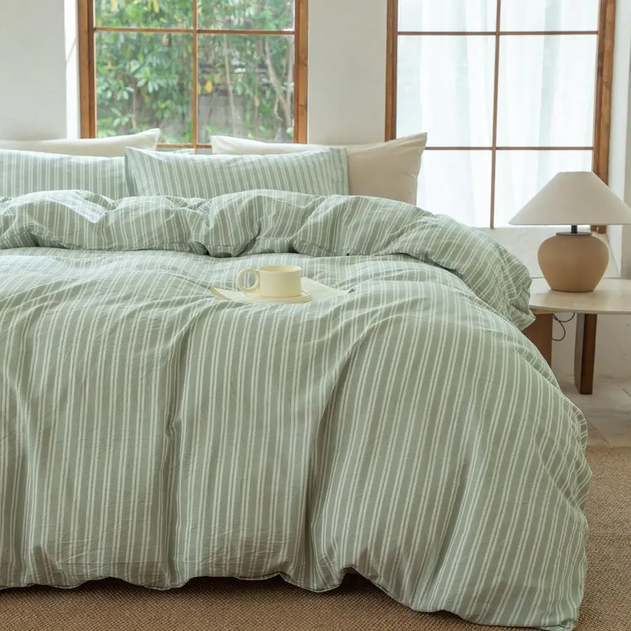

Green and White Striped Duvet Cover,100 Washed Cotton Breathable and Linen Like Bedding SetStripSage Green White,Full