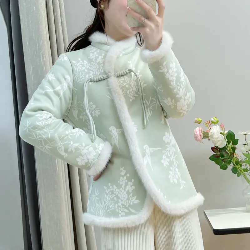 Novo estilo chinês flor jaquetas de algodão feminino inverno novo luxo impresso casaco de algodão forrado de lã engrossar quente outwear 2025 5xl