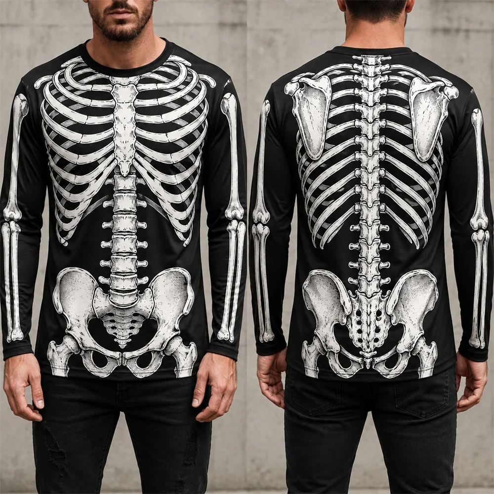 3D Print Human Skeleton Halloween Long Sleeve T-Shirt, Men's O-neck Black Autumn Costume, Streetwear for Halloween Party