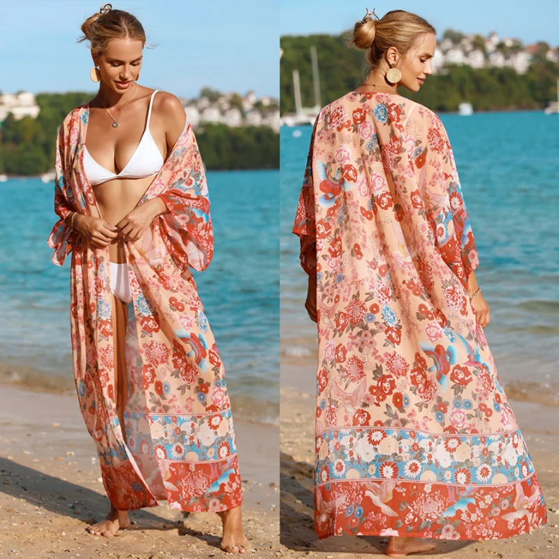 

Beach Party Cover Ups for Swimwear Women Print Three Quarter Cardigan Robe Summer Seaside Vacation Female Long Dresses Outfits