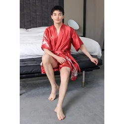 Ice Silk Men's Nightgown Robe Summer Thin Bathrobe Pajamas Crane Printed Mid-length Home Wear Chinese Casual Wear