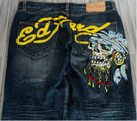 European and American retro high street hip-hop oldschool skull embroidery niche design loose casual stylish jeans trousers