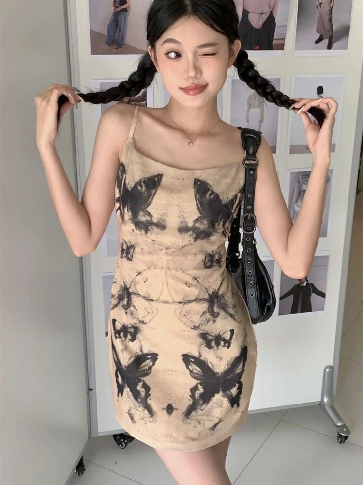 여성을위한 우아한 빈티지 인쇄 캐미솔 드레스 2025 여름 새 조끼 드레스 Y2k 슬림 피트 Bodycon Vestidos De Mujer