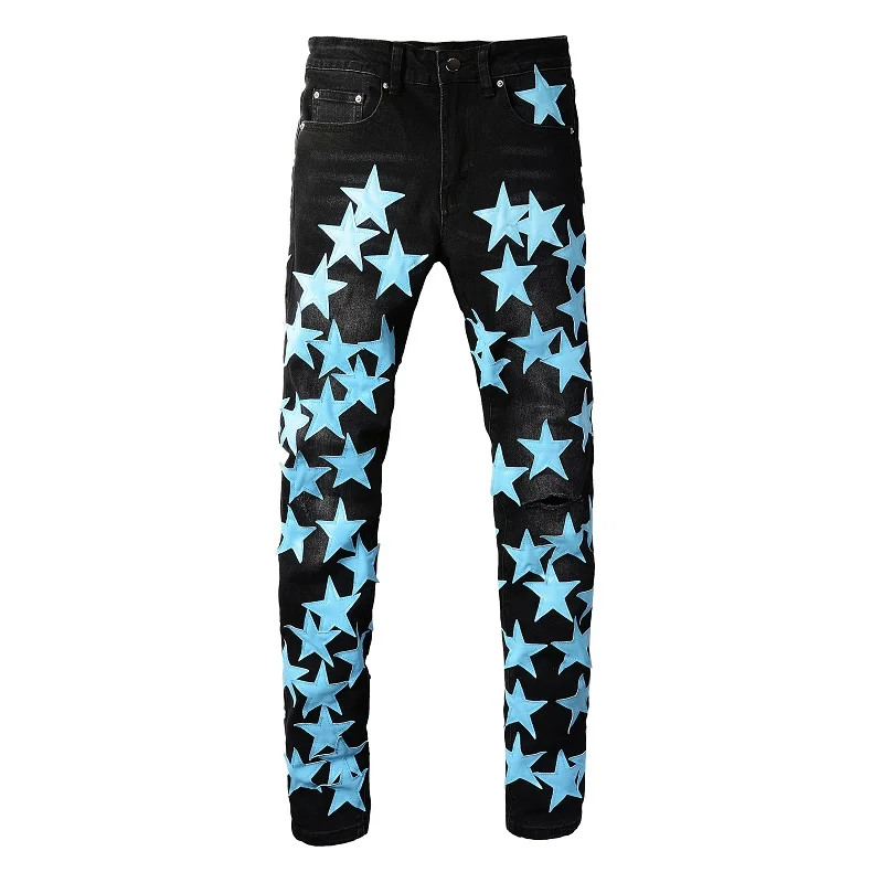 

Men Sky Blue Leather Stars Patches Jeans Streetwear Black Stretch Denim Skinny Tapered Pants Holes Ripped Trousers