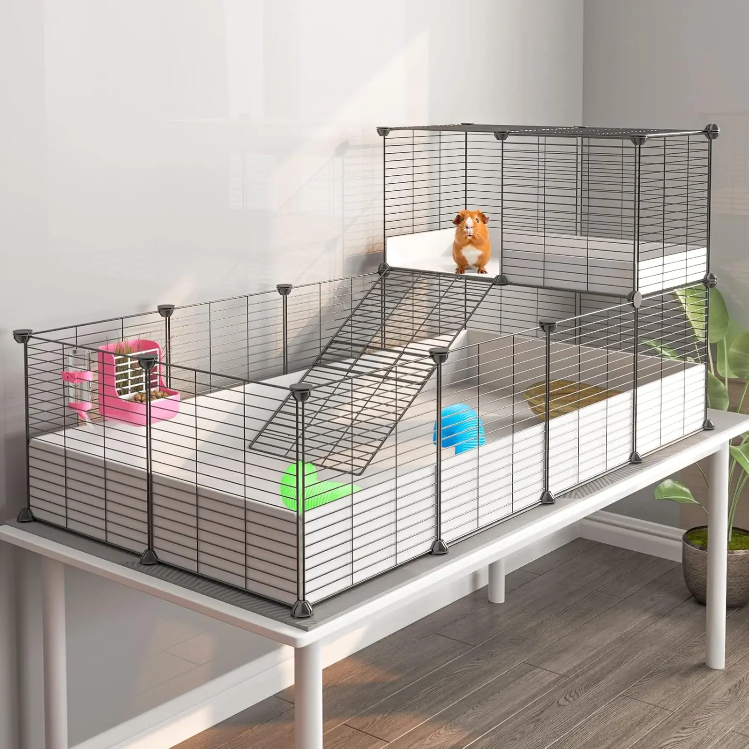 Guinea Pig Cage Indoor Habitat Cage with Waterproof Plastic Bottom Playpen for Small Pet Bunny Turtle Hamste Loft and Partition