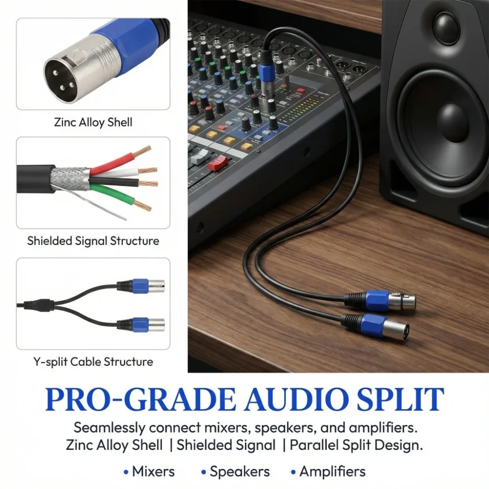 

Lightweight 0.3m Length Female Jack to Dual 2 Male Plug Plug-and-Play Cord Microphone Audio Extension Cable XLR Microphone Audio