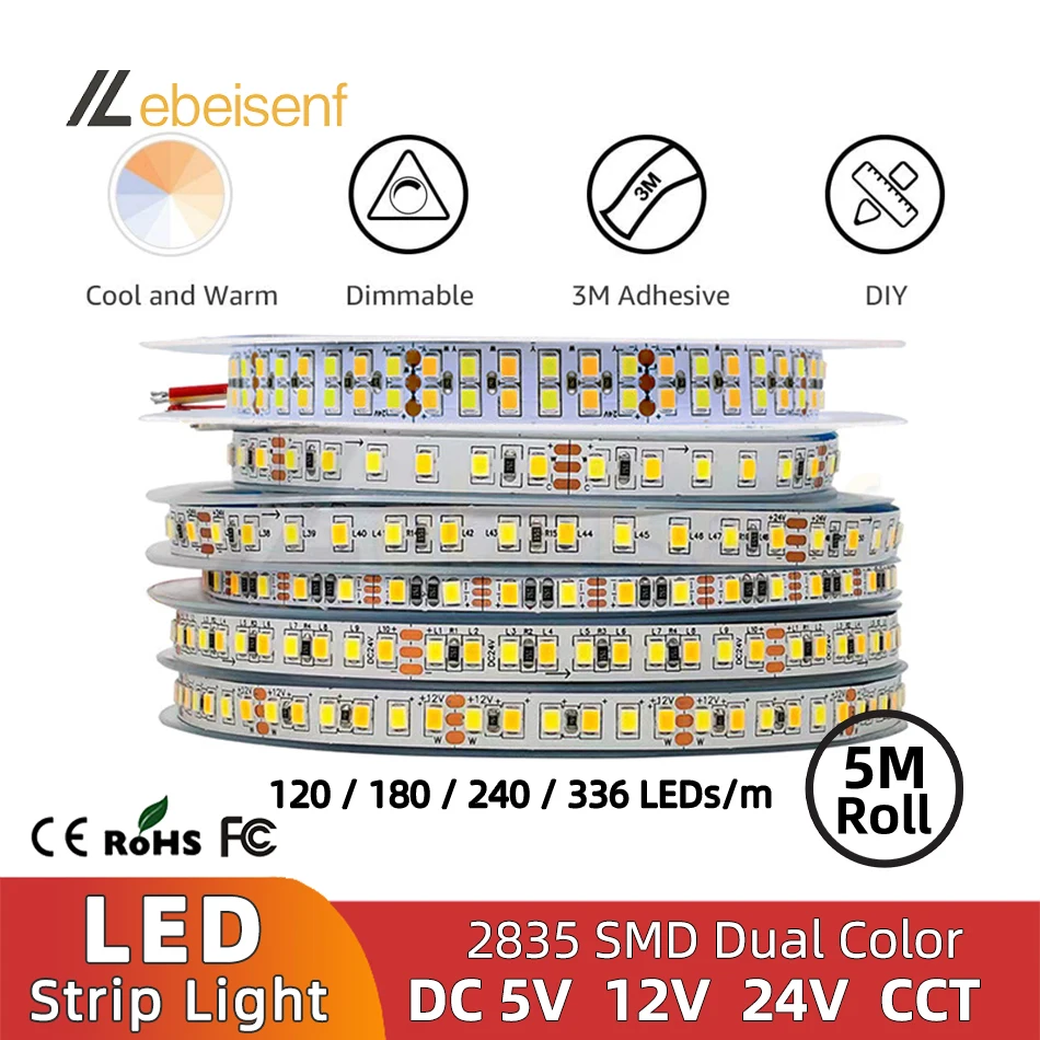 5M/rolka DC 5V 12V 24V LED pasek podwójny kolor 120 180 240 336 LEDs/M 5MM 8MM 12MM szerokość PCB elastyczny lampa na barek CRI z możliwością