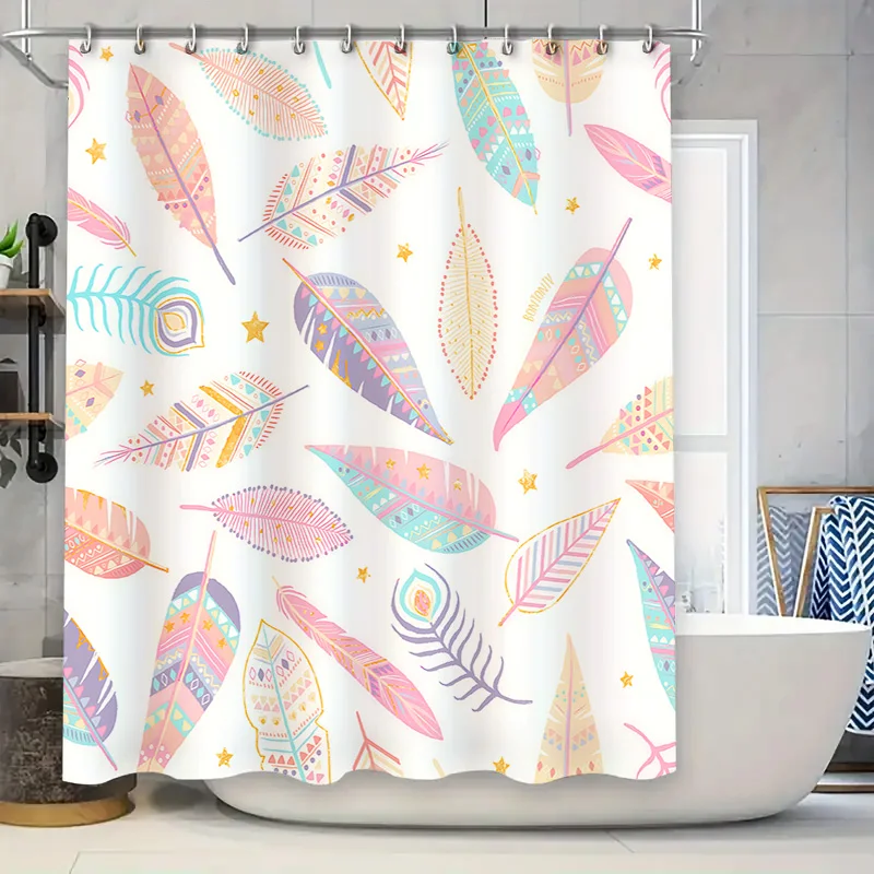 

Bohemian Feather Themed Colorful Patterned Shower Curtain Decorative Waterproof Bathroom Curtain with Hooks Non Transparent