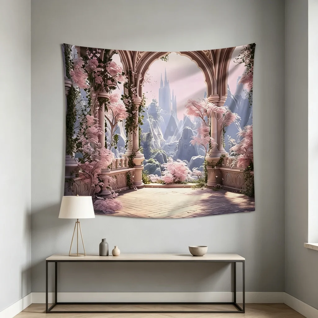 1PC Arch Castle Print Backdrop Banner, Bedroom Living Room Photo Background, Polyester Wall Hanging, Home Decor, Wall Art