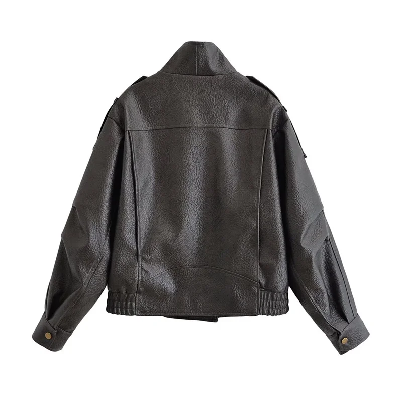 Guobioziy Women's Top 2026 Spring and Autumn New Fashion Versatile Solid Color Long Sleeve Litchi-Pattern Leather Jacket