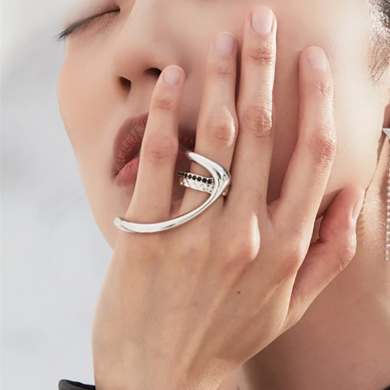 Foxanry Silver Color Two-finger Hollow Geometric Rings For Women Couples Vintage Trendy Hip Hop Creative Party Jewelry Gifts