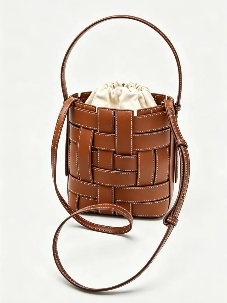 Leisure Leather Woven Bucket Bags for Women Stylish Thread Decoration Shoulder Crossbody Bag Small PU Leather Handbags