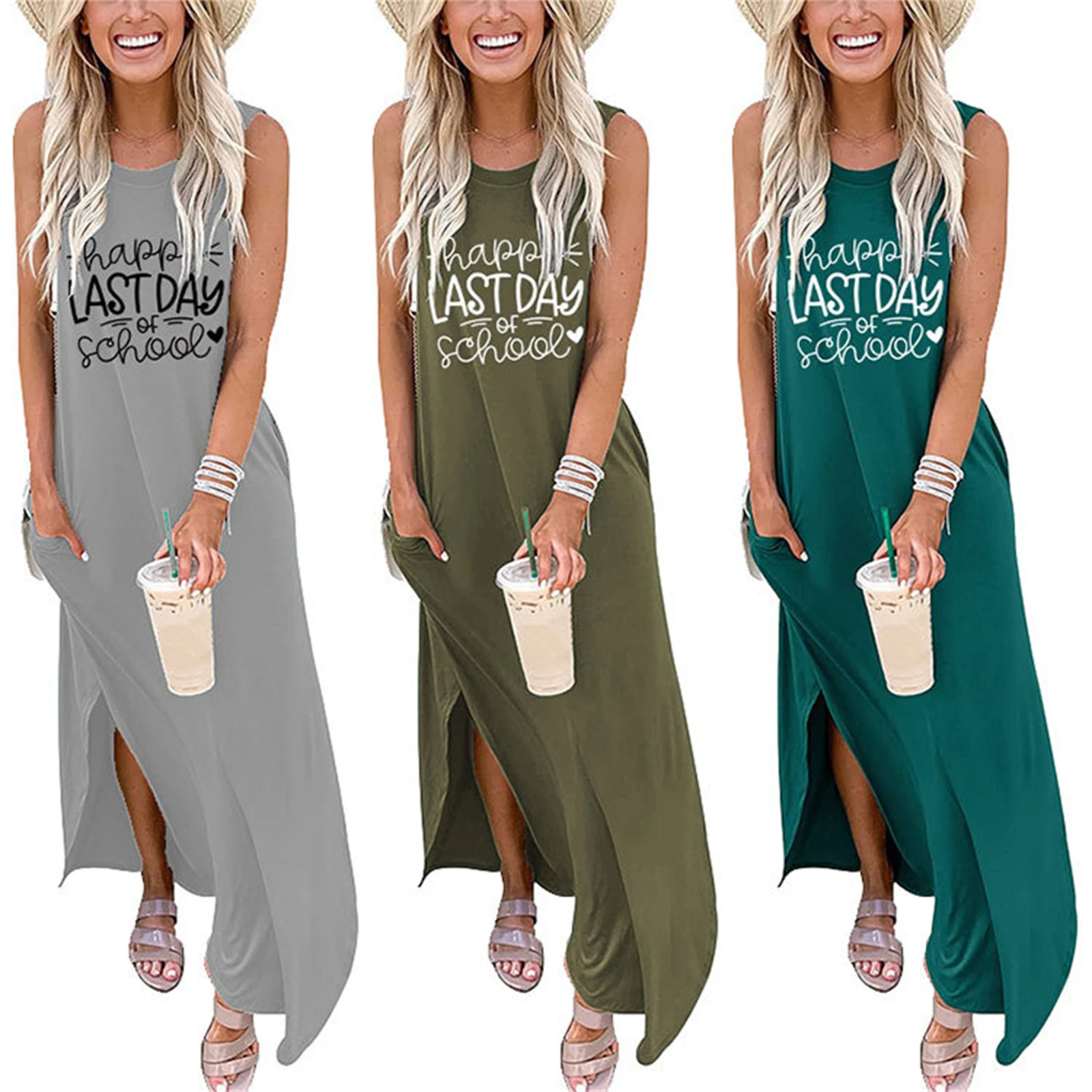 

Happy Last Day Of School T-Shirt Long Skirt Casual Beach Summer Dress Sleeveless Pattern Sundress with Pocket