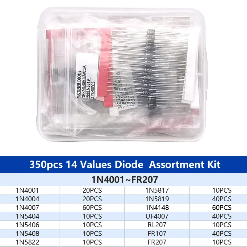 Kit diodo raddrizzatore Box FR107 FR207 1 n4148 1 n4001 1 n4004 1 n4007 1 n5408 1 n5819 1 n5822 Set di diodi Schottky a commutazione rapida