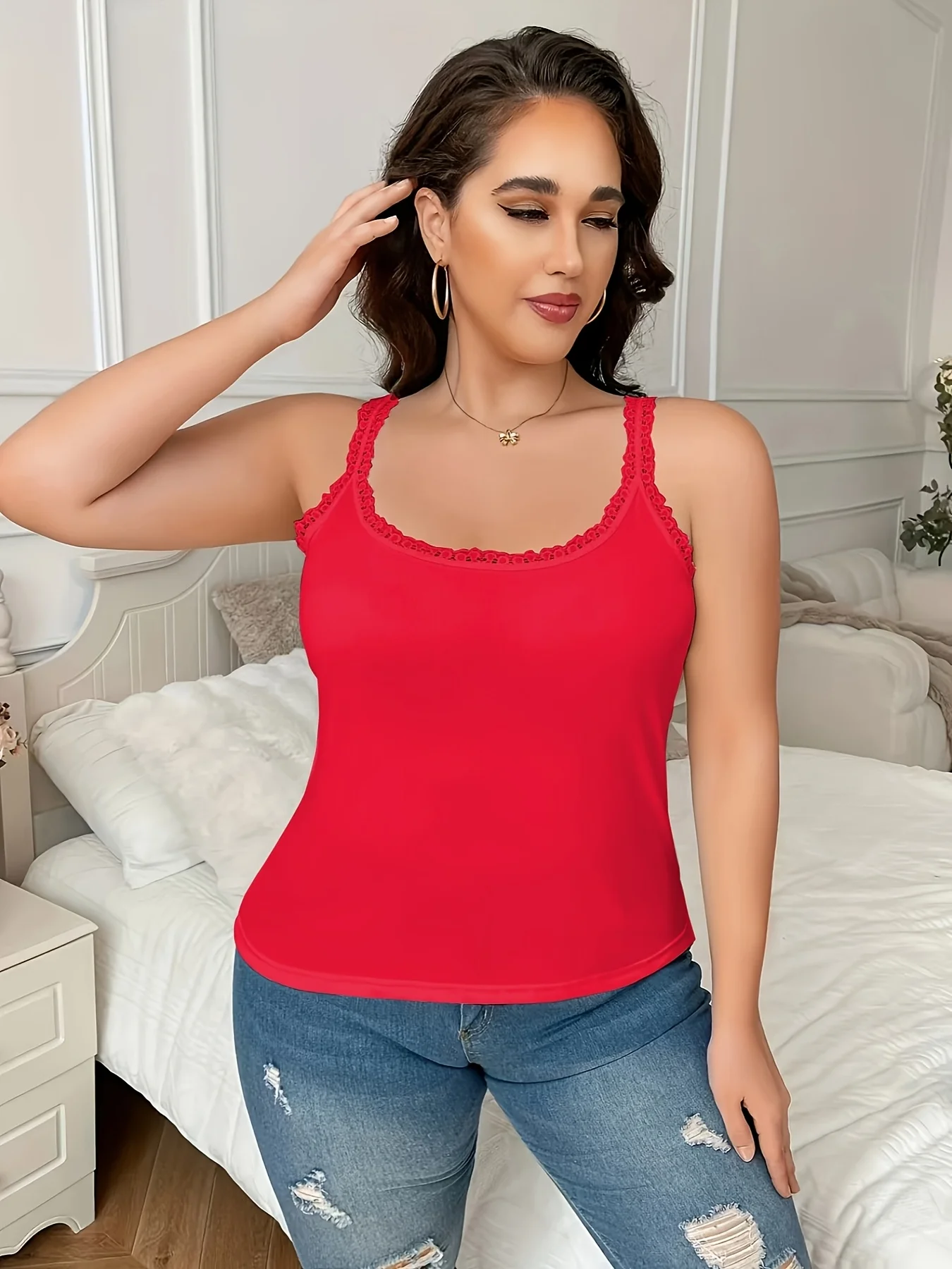 6 Pieces Plus Size Lace Camisole for Women, Slim Fit Thin Sexy Lace Tank Tops, Solid Color Inner Wear & Outer Wear Basic Vest view 4