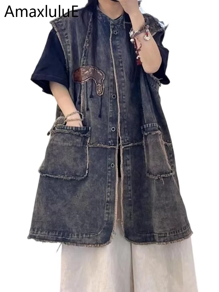 AmaxluluE Summer Vintage Sleeveless Coats Womens Fashion Long Denim Vest Females Loose Patchwork Waistcoats Leisure Streetwear