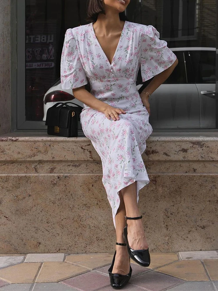 high waist short sleeve maxi dress Retro Maxi Dress Women Summer Short Sleeve V neck High waist Dress Flo –  Global Fashions GC