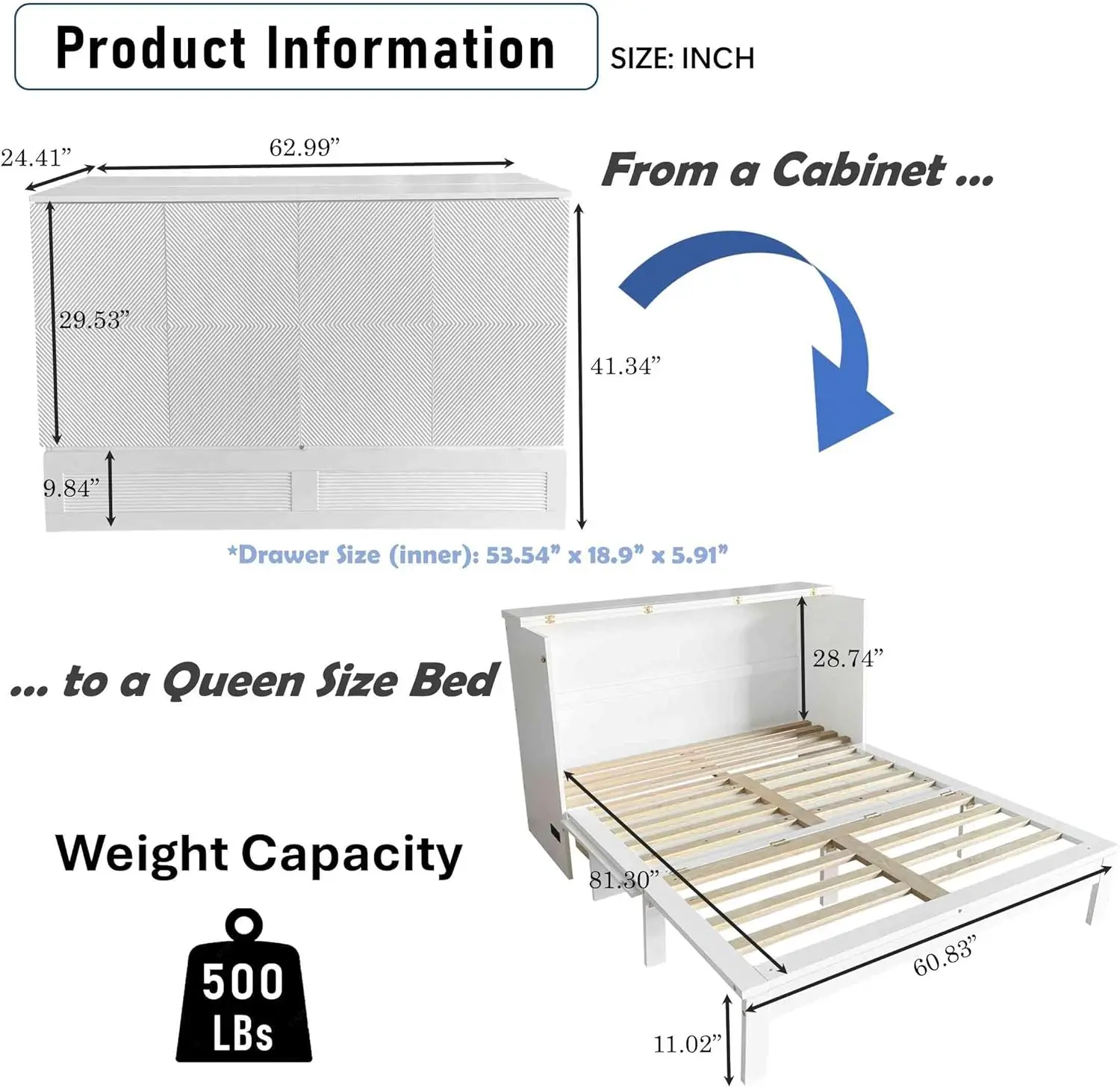 Aty Foldable Queen Size Murphy Bed With Large Storage Drawer, Wooden Space Saving Platform Bedframe For Bedroom, Guestroom, No