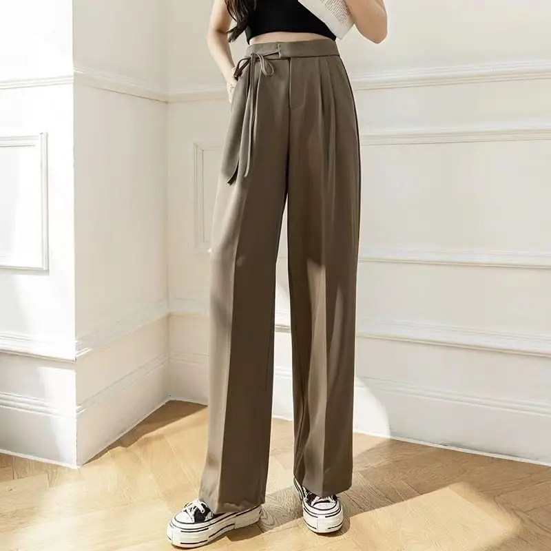 

Spring Autumn Solid High Waist Pockets Women's Clothing Chiffon Casual Loose Wide Leg Sweatpants Office Lady Trousers Pants