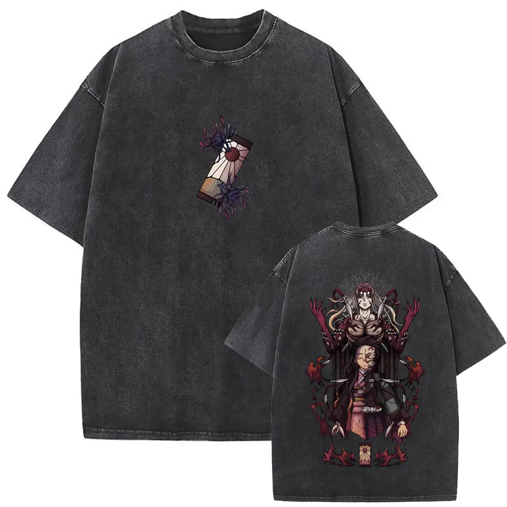 

Washed Vintage Anime Demon Slayer Kibutsuji Muzan Kamado Nezuko Kamado Tanjirou Face Graphic T-shirt Men Casual Oversized Tshirt