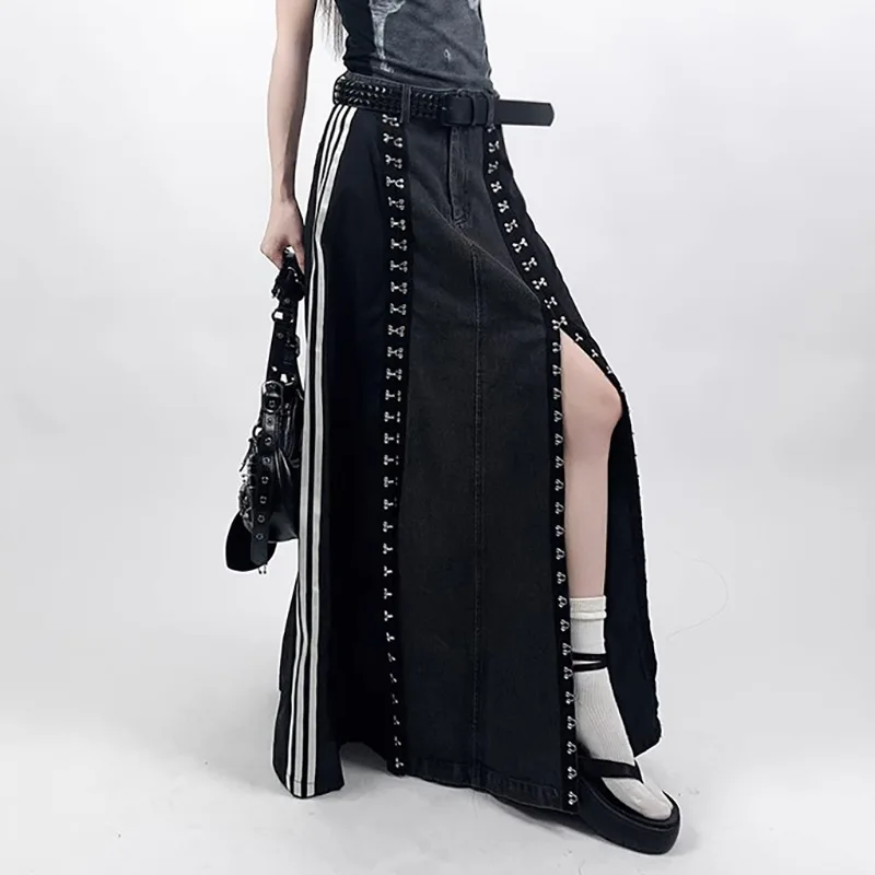 กระโปรงยีนส์ผู้หญิง แต่งผ้าต่อกัน ทรงเอ สไตล์ลำลอง ผ่าข้าง เอวสูง ความยาวระดับข้อเท้า ดีไซน์หรูหรา สำหรับฤดูร้อน ปี 2025