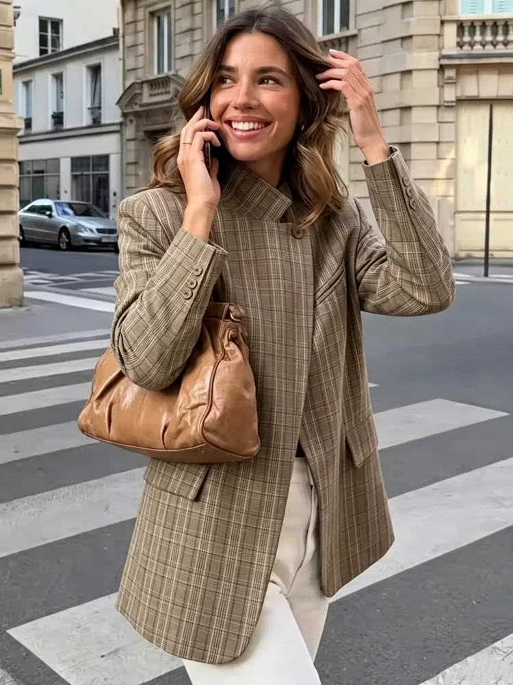 Khaki Plaid Single Button Irregular Women's Blazer 2026 Autumn Chic Stand Collar Long Sleeve Jacket Office Lady Commute Outear