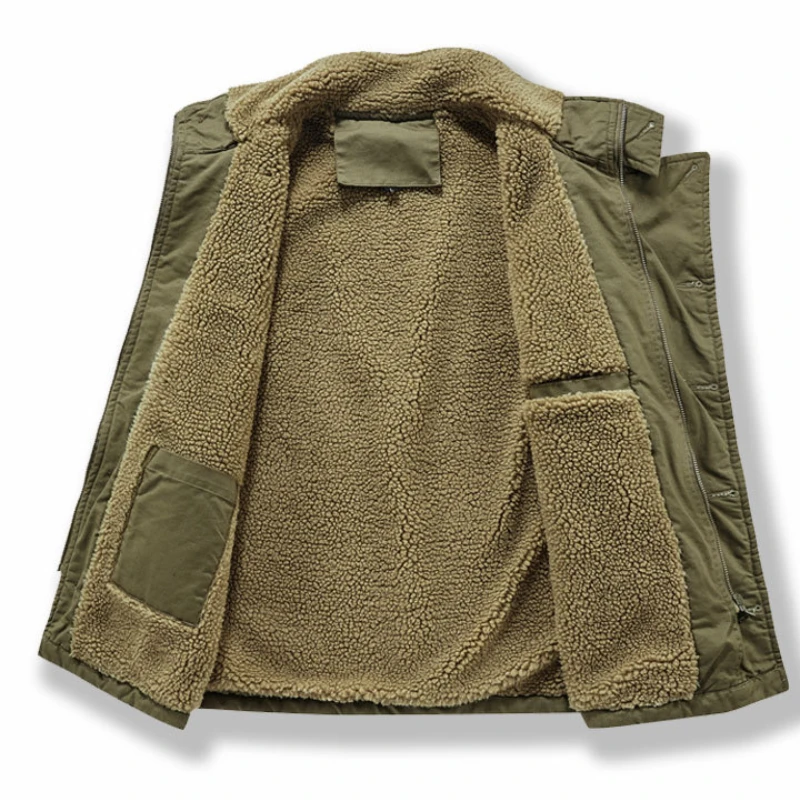 New Mens Sleeveless Fleece Tooling Jackets Stand Collar Multi Pocket Outdoor Windproof Thicken Vest Diagonal Button Warm Coats