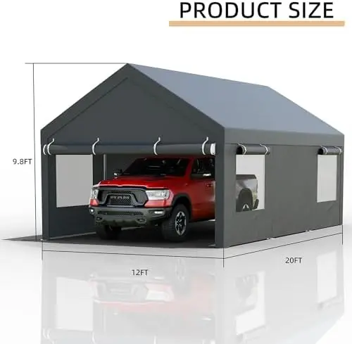 JY QAQA Carport, 12x20 FT Heavy Duty Carport with Removable Side Walls and Doors, Portable Garage with Roll-Up Window