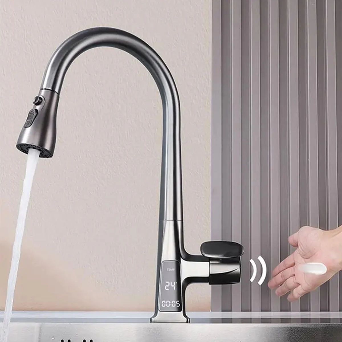Inductive Kitchen Faucet Digital Display Pull Spout 360 Degree Rotation Mixer Tap for Deck Installation for Hotels