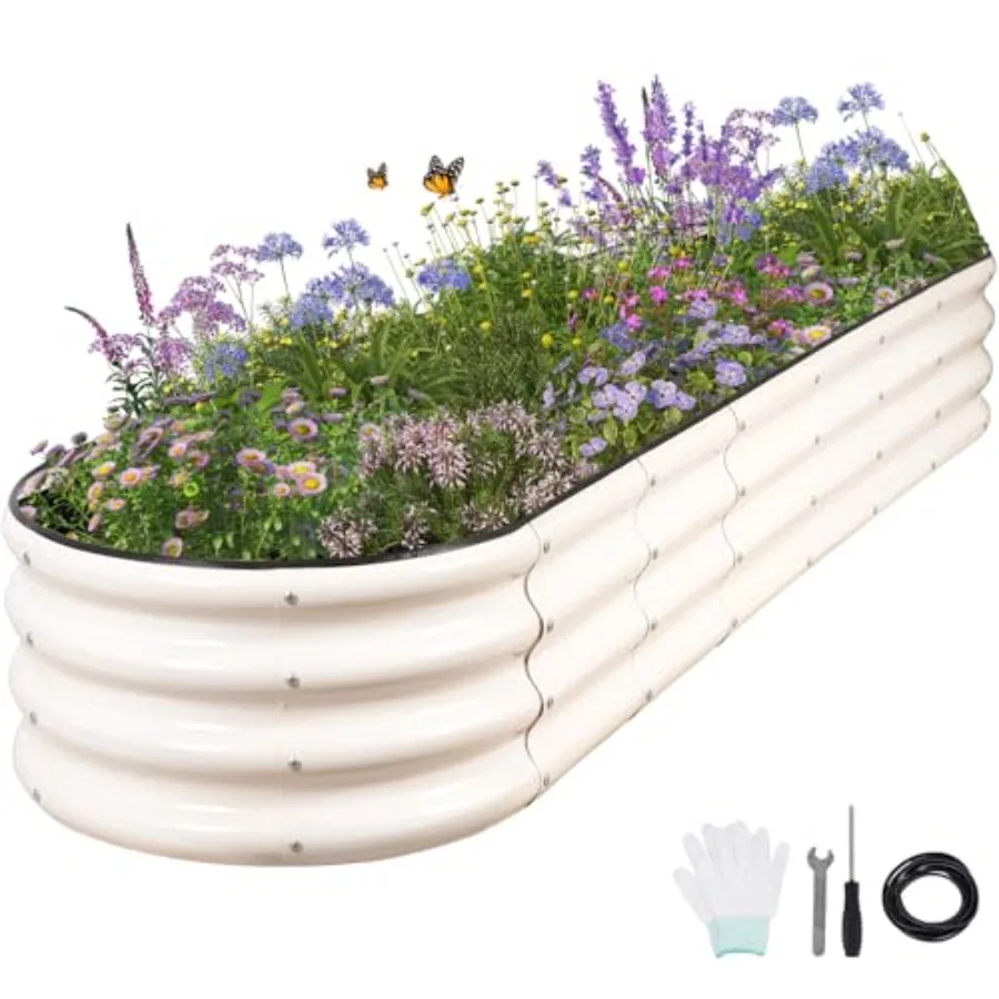 

Galvanized Raised Garden Bed for outdoor gardening - oval steel planter box, white, 8x2x1FT, includes protective tape, bracing