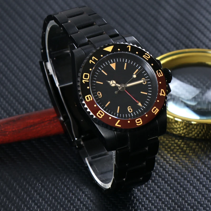 NO LOGO NH34 Watch Vintage Dial Mechanical Automatic 1-11 Ceramic Bezel Sapphire Glass 10ATM Waterproof Men 904L Black Watchers