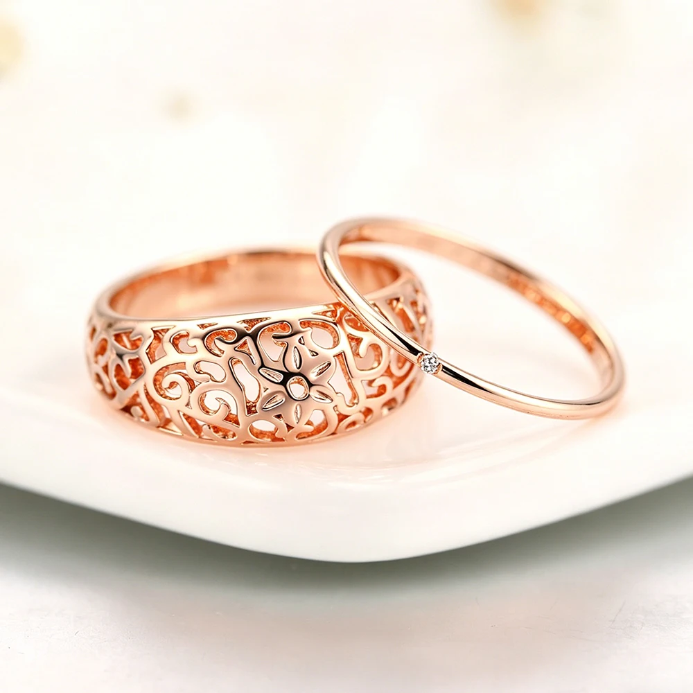 ZHOUYANG Vintage Chunky Ring For Women Hollow Out Flower Hollowing Craft Rose Gold Color Fashion Jewelry Friendship Gift R281