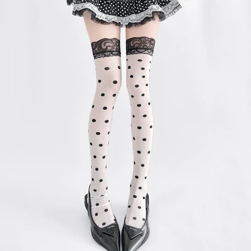 Sexy schwarze Spitzenstrümpfe mit hoher Taille, gepunktet, lange Overknee-Strümpfe aus Nylon, atmungsaktiver, dünner Stoff, verführerisch eng anliegend