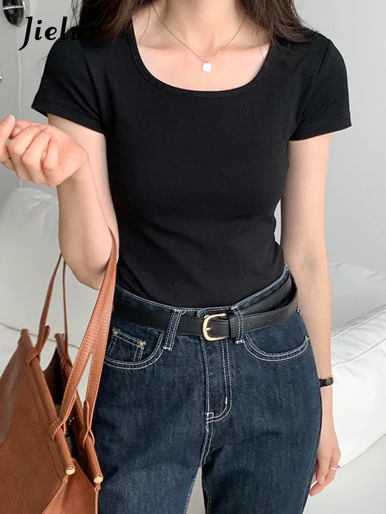 Jielur Summer New Solid Square Neck Women's T-shirt Slim Fashion Korean Simple Female T-Shirts White Grey Blue Black Top Woman