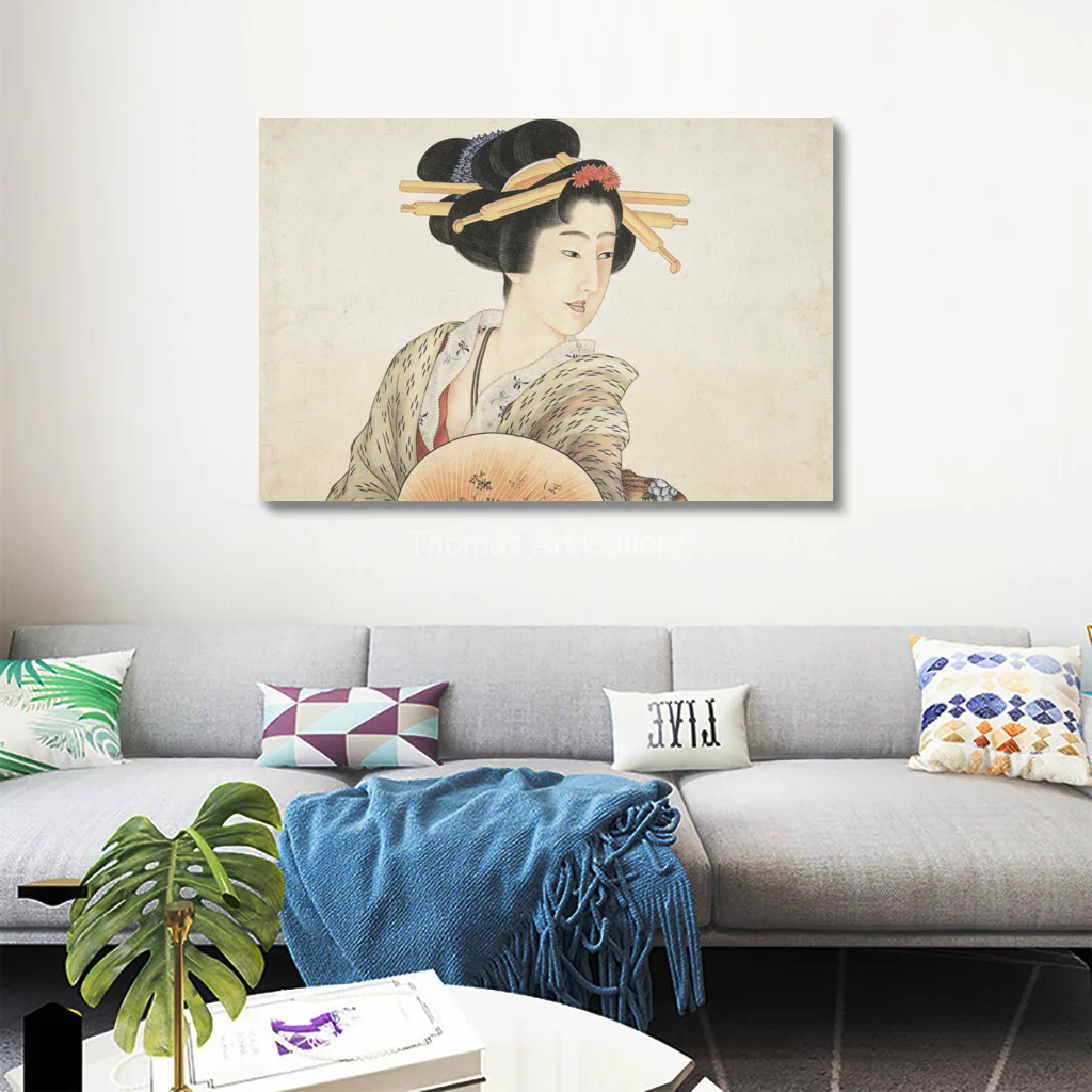 Elegant Japanese Geisha Canvas Art HD Print Traditional Ukiyo e Woman with Fan Kimono Neutral Wall Decor for Living Room Bedroom