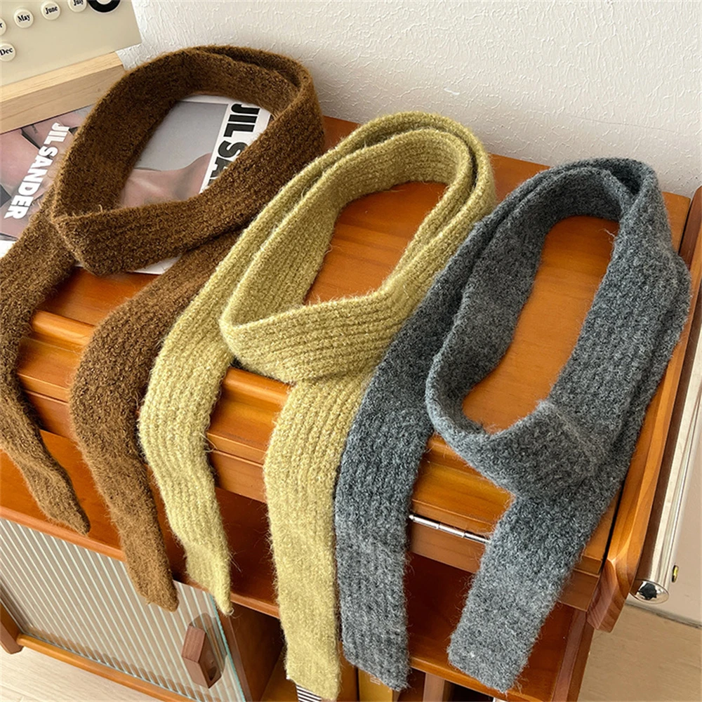 Winter New Solid Color Narrow Long Scarf Female Korean Version Knitted Woolen Scarves Women's Imitation Cashmere Mohair Scarf