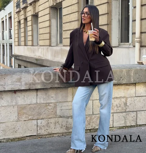 Imagen 2 del producto KONDALA elegante chaqueta cruzada para ir al trabajo para mujer, chaqueta Vintage con botones marrones, chaqueta de oficina a la moda para primavera y verano 2026