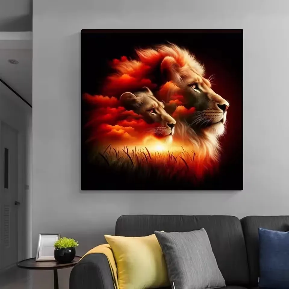 المراعي الأسد الماس الفسيفساء زهرة الغروب كامل مربع الحفر المستديرة الماس اللوحة الحيوان غرفة نوم الديكور هدية فريدة من نوعها #3