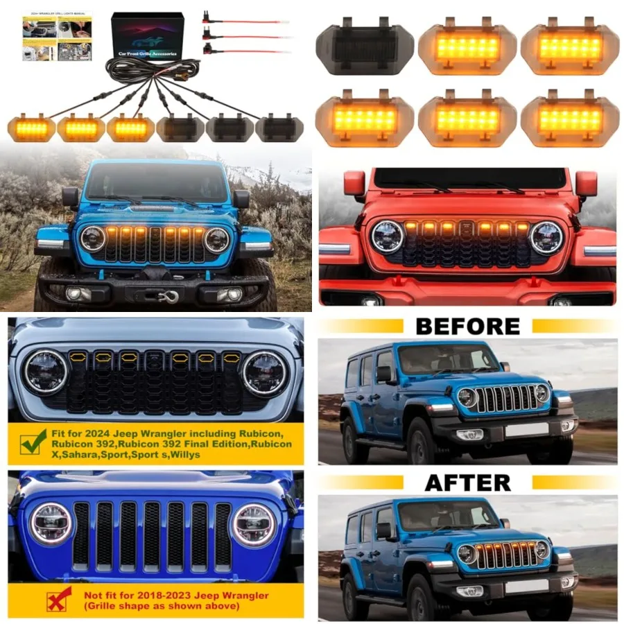 

Led Grill Grille Lights for 2024 2025 2026 Jeep Wrangler JL Jlu Sport Front Grills Lights Accessories 6pcs/Sets Amber LEDs
