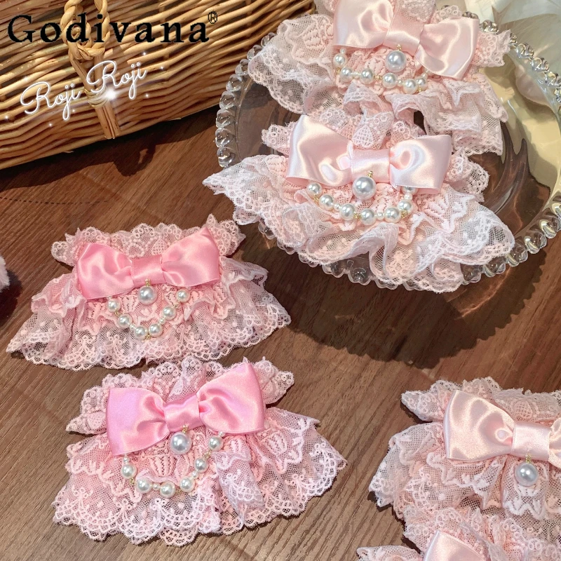 

Japanese Mine Lolita Style Pink Oversleeve Original Handmade Sweet Girl's Cute Bow Lace Pearl Chain Hand Sleeves Y2k Accessories