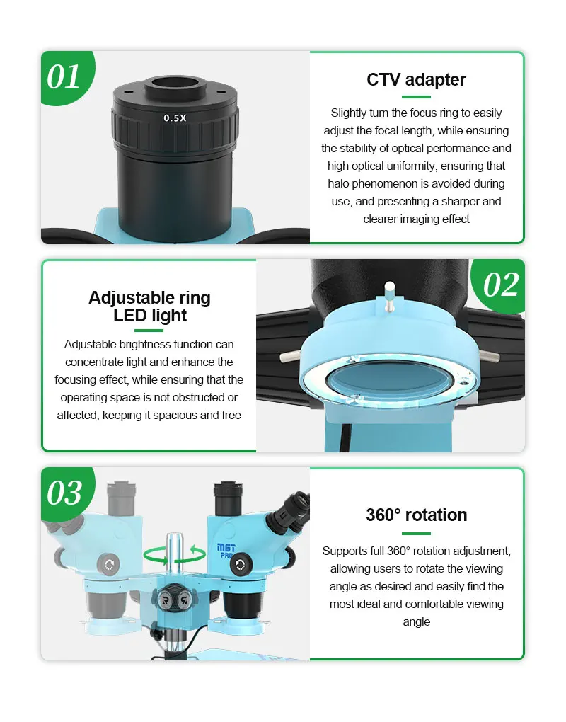 RELIFE RL-M6T Pro-B1 Microscope stéréo trinoculaire HD + Source de lumière SS-033 + adaptateur 0,5 CV + caméra HD MC1 4K pour la réparation de PCB de téléphone