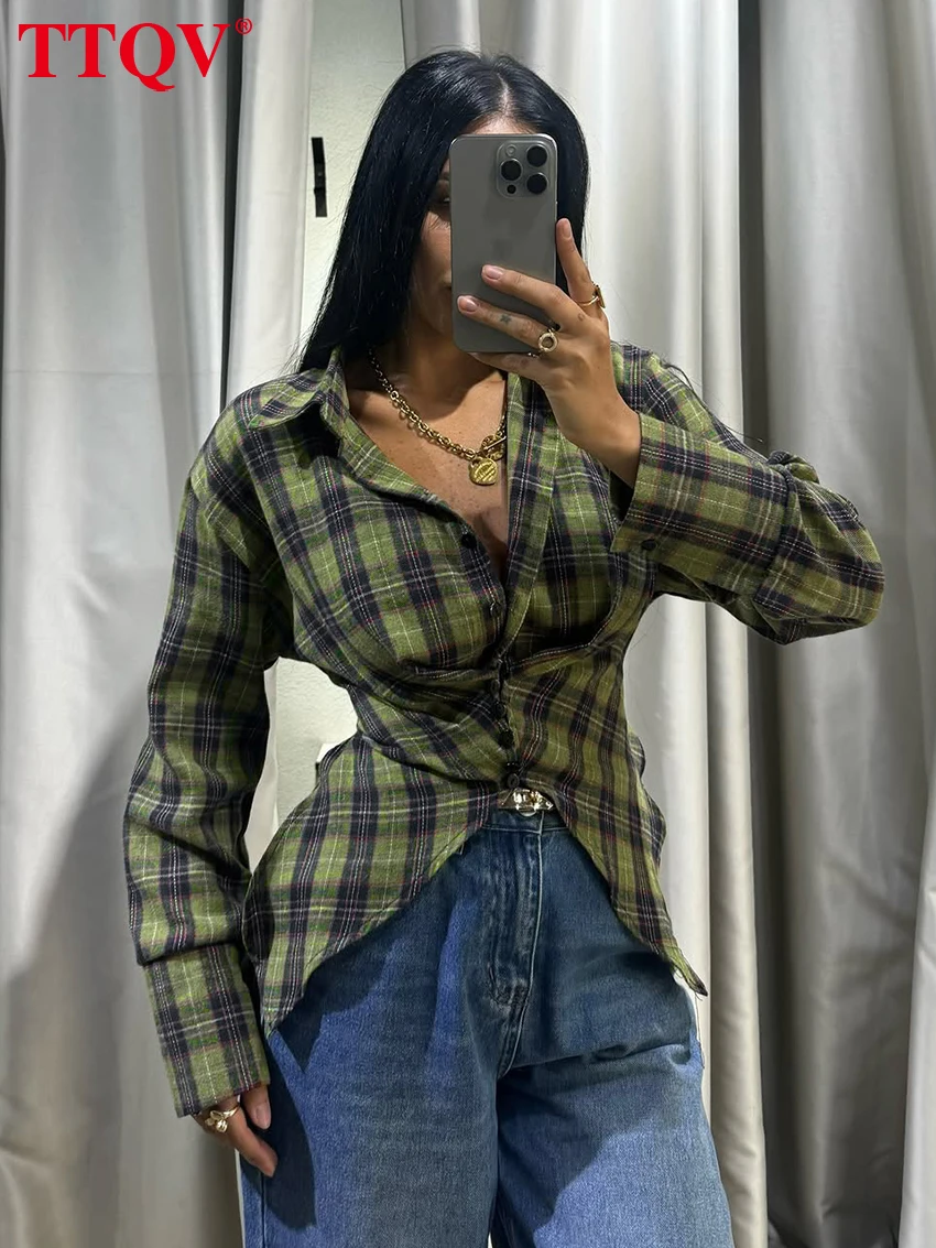 

TTQV Fashion Slim Blue Plaid Women's Blouse 2026 Elegant Lapel Long Sleeve Lady Shirts Vintage Classic Crop Top Female Clothing