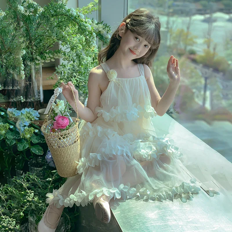 Custom light luxury dress women wedding guest gown girls wedding gown birthday party pageant spaghetti strap petal layered tulle