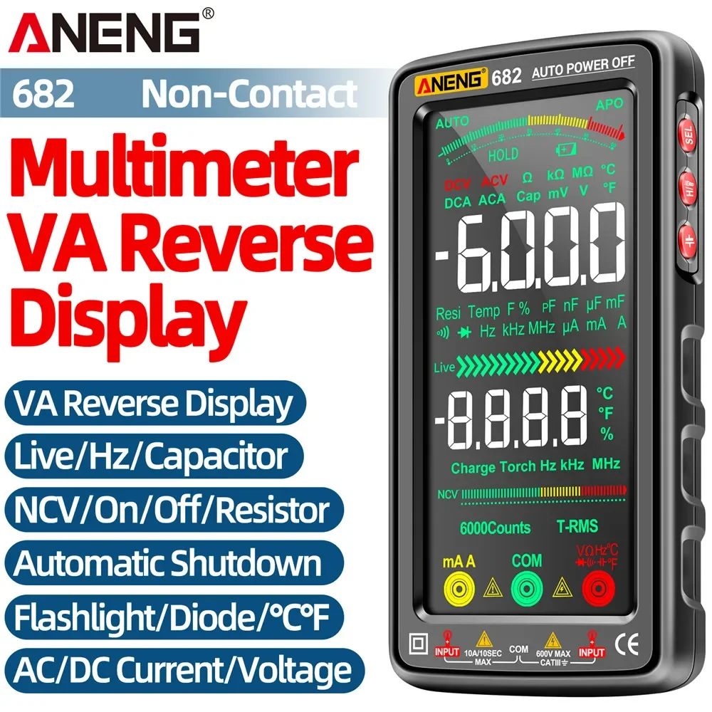 ANENG 682 Multímetro Inteligente, Amperímetro AC DC, Testador de Tensão, Tela Colorida Grande, Recarregável Ohm Diodo Tester, Ferramentas para eletricista